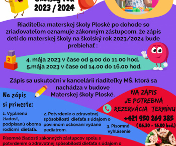 Aktuality / Zápis detí do Materskej školy Ploské šk.rok 2023/2024 - foto